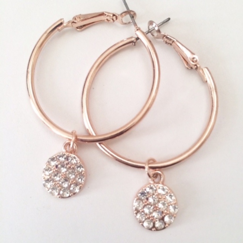 Rose Gold Tone Teardrop Rhinestone Hoop Earrings
